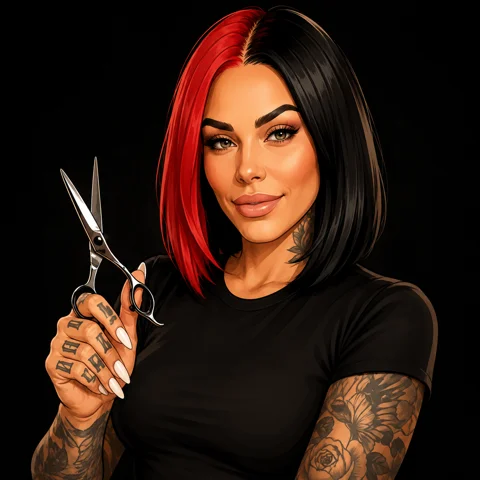 Faded Attractions stylist with a red and black bob, holding professional shears, framed against a dark backdrop